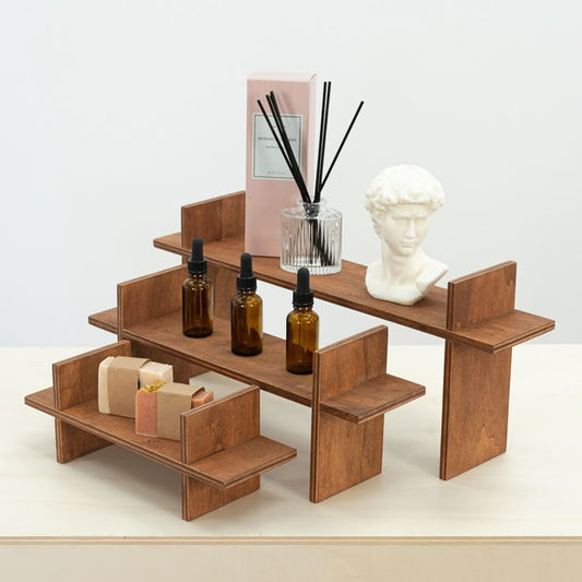 Natural wood tabletop display stand for small items